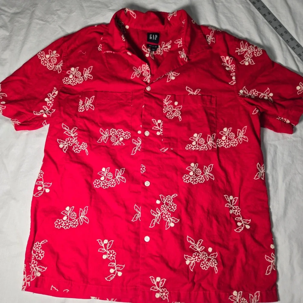 Gap Mens Medium Tall Red Linen Blend Floral Embroidered‎ Short Sleeve Camp Shirt - Picture 2 of 7
